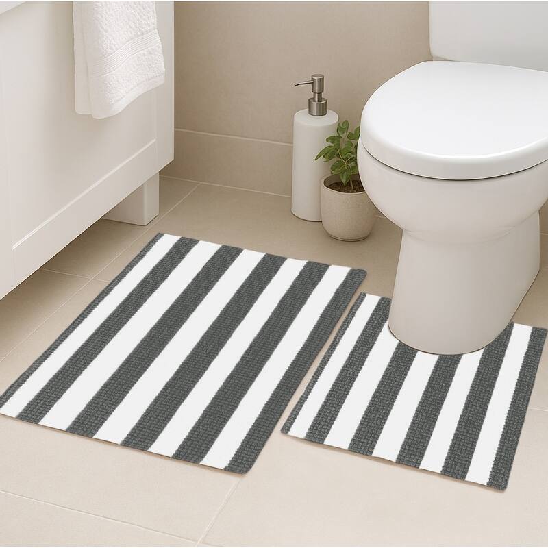 2 Piece Set Charcoal Grey White Stripe Soft Cozy Plush Chenille Bath Mat Bathroom Rug - Charcoal Grey & White