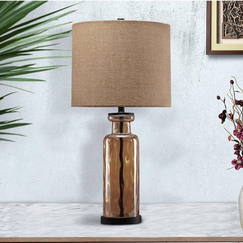 Glass Table Lamp with Fabric Drum Shade, Gold and Beige