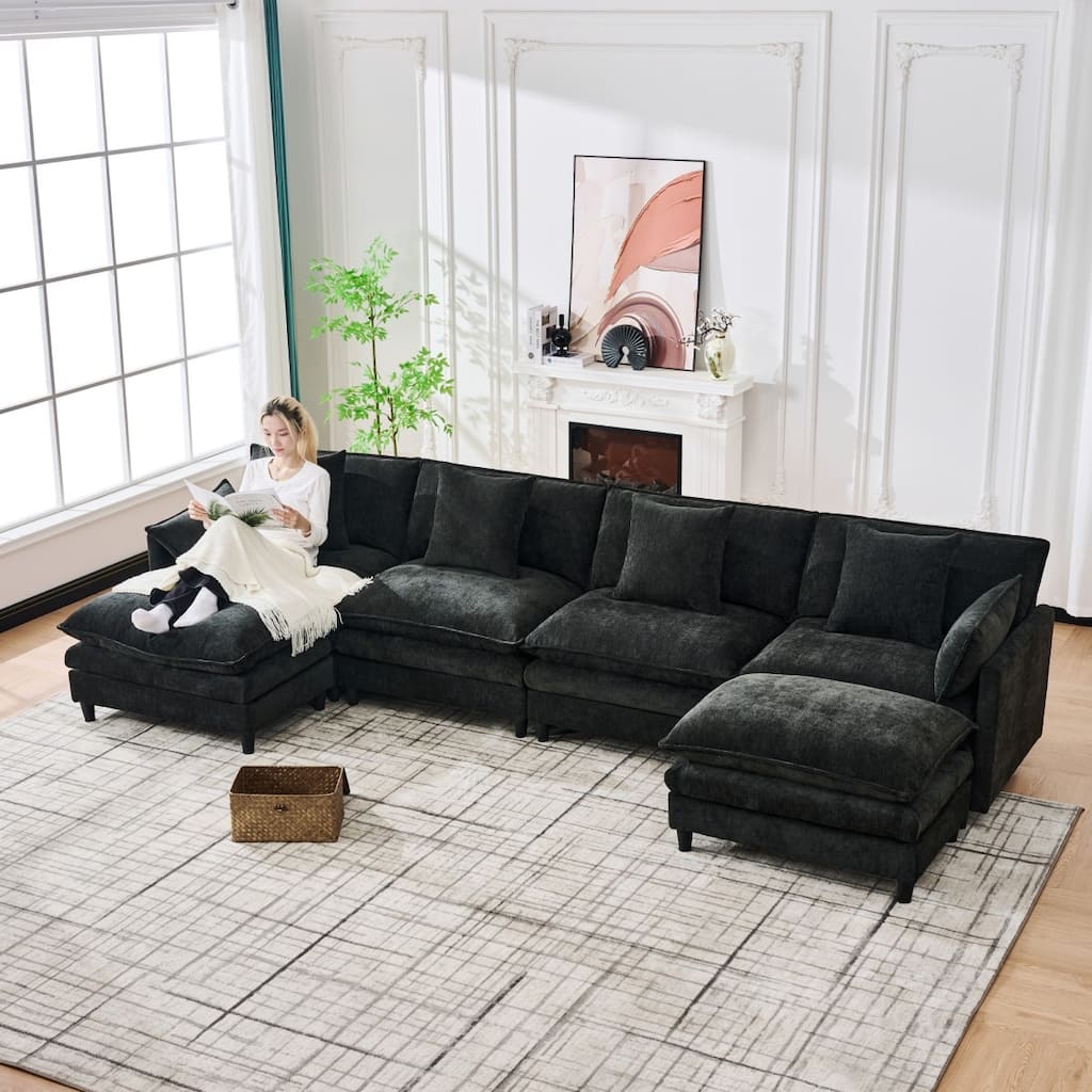 140.9" U-shaped Cashmere Modular Sectional Sofa with 2 Movable Ottomans