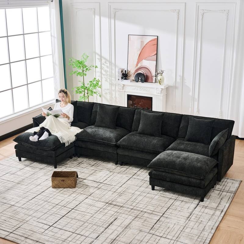 140.9" U-shaped Cashmere Modular Sectional Sofa with 2 Movable Ottomans - Black