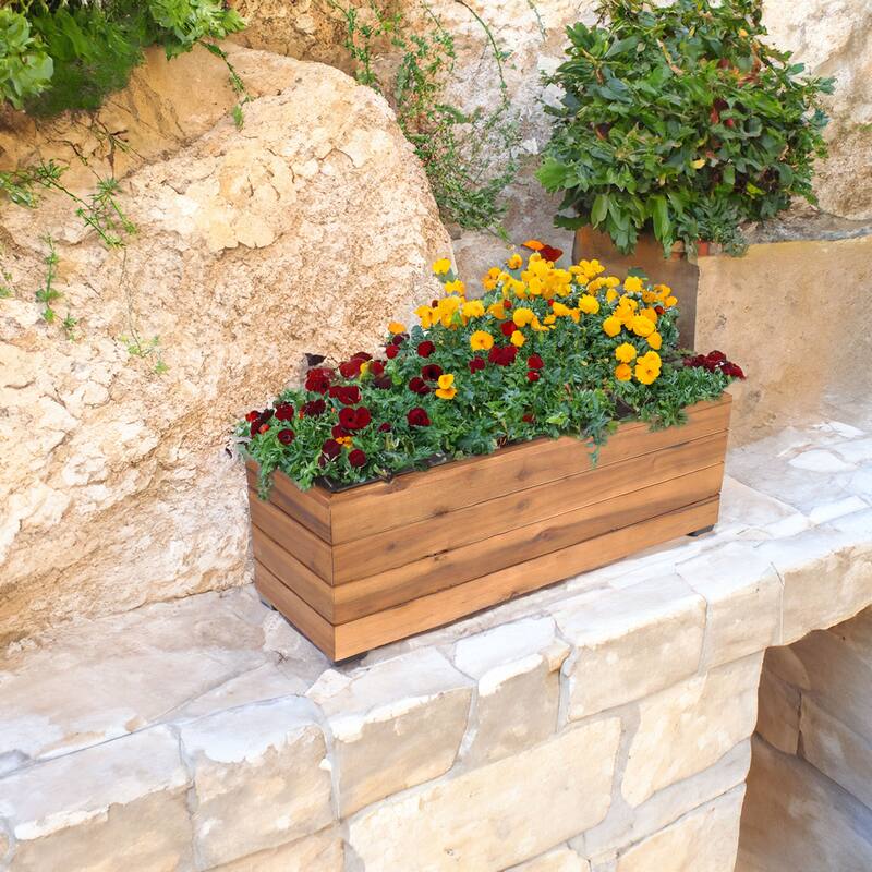 Sunnydaze Rectangular Wood Planter Box with Plastic Liner - Light Brown