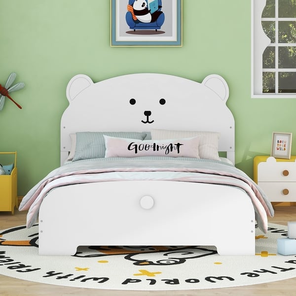 slide 2 of 9, Full Size Wood Platform Bed with Bear-Shaped Headboard, Footboard, and Wooden Support White