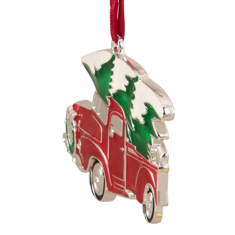 Country Pick Up Truck with European Crystals Christmas Ornament - 3.5" - Red and Green - 2.75"