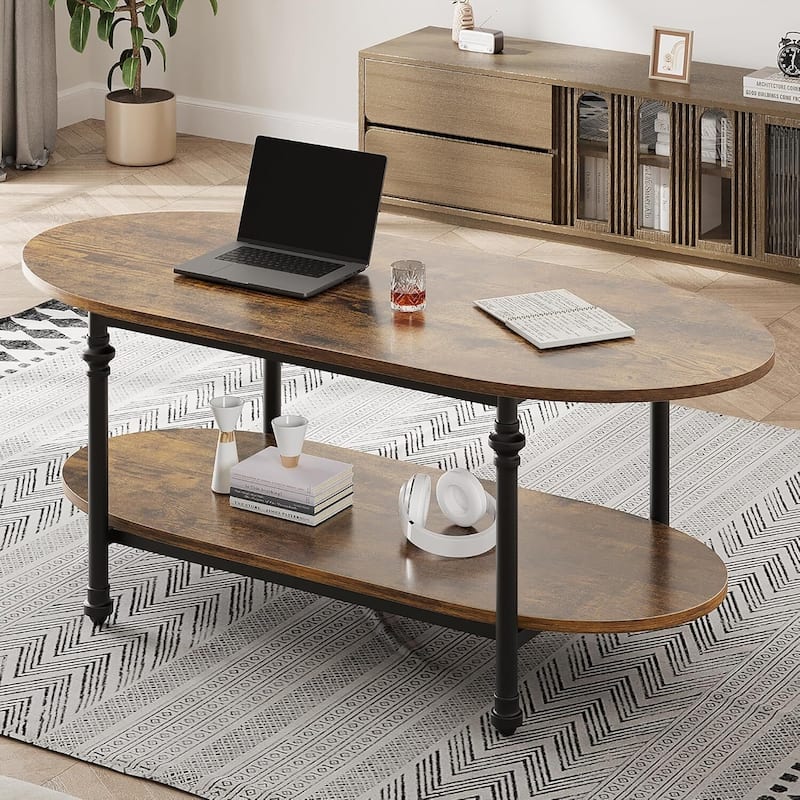 Oval Coffee Table Unique Tea Table 47.2" Mid Century Cocktail Table - Brown