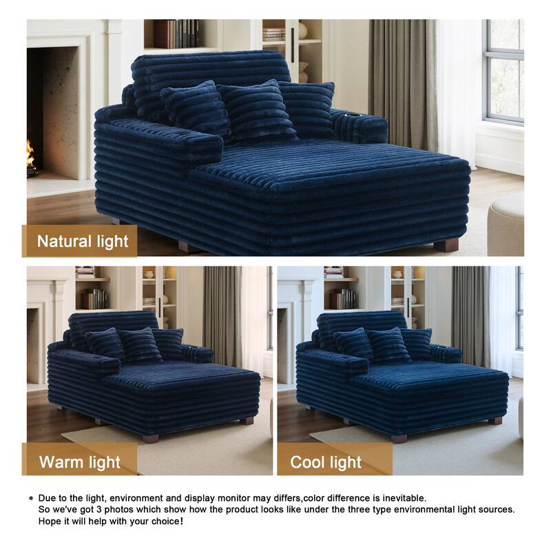 53"W Oversized Plush Fur-Like Chaise Lounge Sofa with Cup Holder