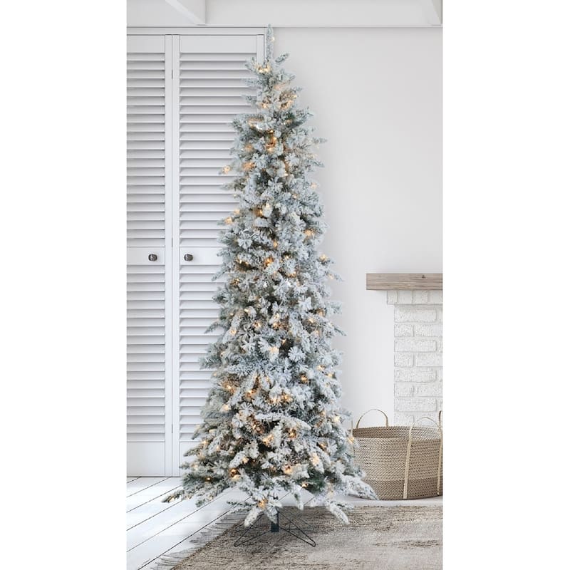 9' Prelit Narrow Flocked Pencil Pine Artificial Christmas Tree - On ...