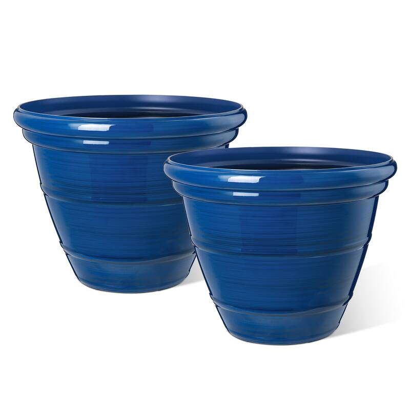 Glitzhome Set of 2 Round Cobalt Blue/Turquoise/Red Faux Ceramic Pot Plastic Planter
