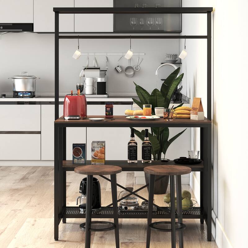 Roomfitters Kitchen Island with 3-Tier Storage Shelves and Hooks, Industrial Bakers Rack, Brown & Black