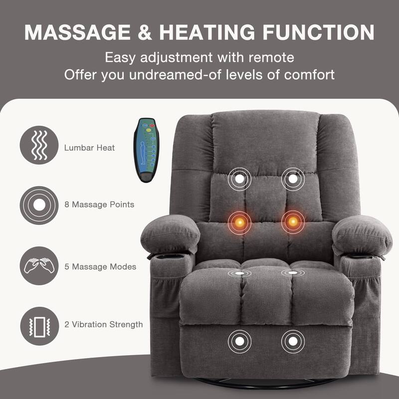 Swivel Rocker Recliner Chair with Vibration Massage, Ergonomic Chair with Side Pocket, 2 Cup Holders, USB Charge Port