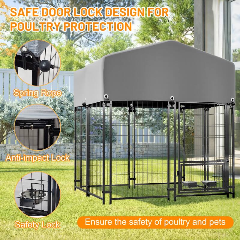 GDFStudio - Large Outdoor Heavy Duty Metal Dog Kennel with Roof, UV-Resistant Waterproof Cover, Double Lock & Rotating Feeder
