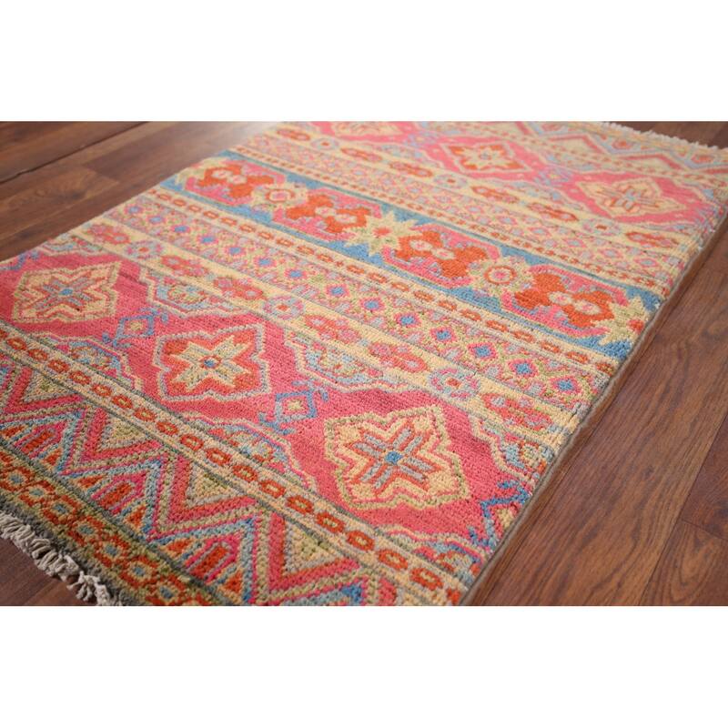 Geometric Kazak Oriental Foyer Rug Handmade Yellow Wool Carpet - 2'0" x 3'0"
