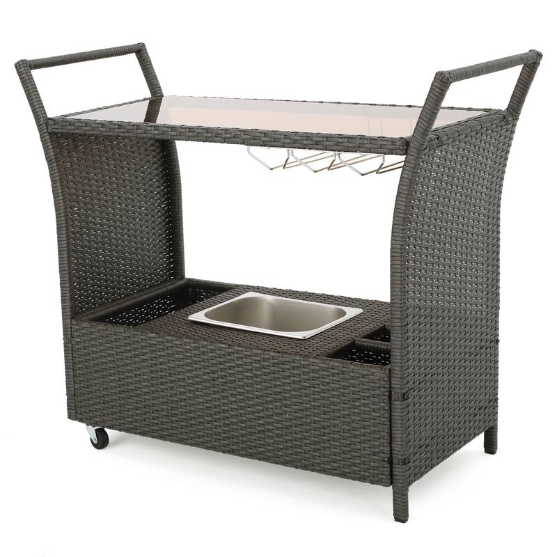 Roomfitters Outdoor Bar Cart with Wine Rack, Glass Holder and Ice Bucket, Wicker Patio Serving Trolley