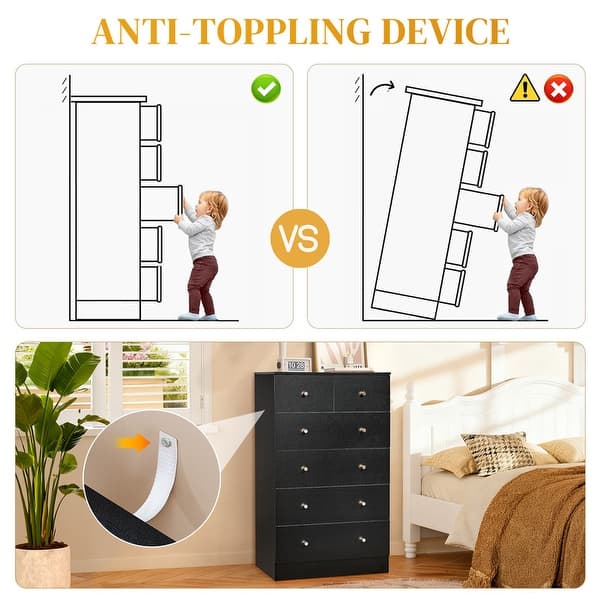 dimension image slide 9 of 11, 6-Drawer Large Dresser For Bedroom And Chest Of Drawers With Sturdy Construction Wood Storage Organizer For Closet