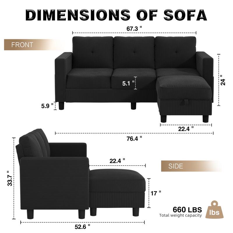 76'' Modern L-Shaped Sofa Couch with Movable Ottoman & Storage