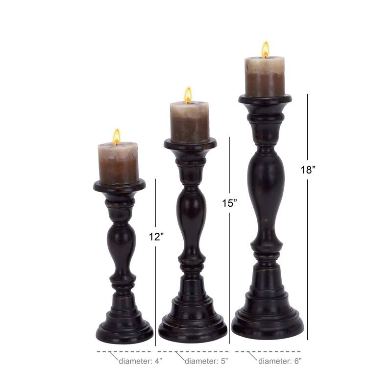 Mango Wood Candle Holder - Set of 3 Black - Roche River Decor - 6"W x 6"L x 18"H