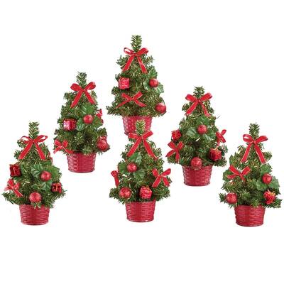 Festive Mini Red Christmas Trees - Set of 6 - 7.500 x 7.250 x 6.000