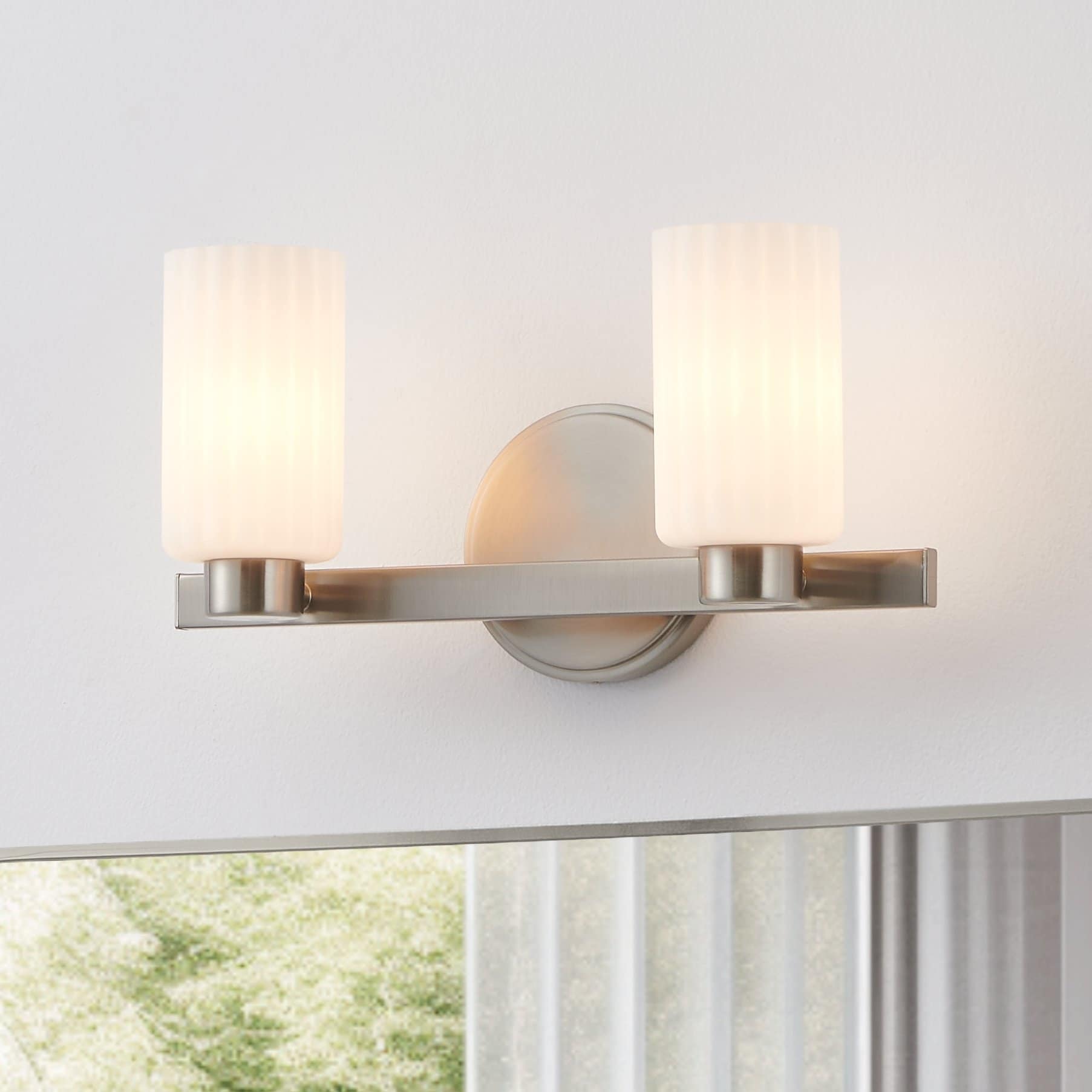 Thesis Bedminster 14-inch 2-light Brushed Nickel Vanity Light with Etched Opal Ribbed Glass Shades