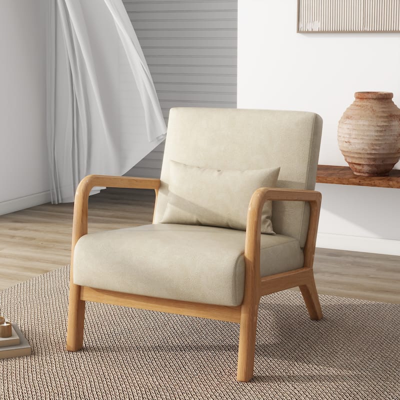Mid Century Modern Upholstered Wood Frame Accent Chair - Single - Cream-Vegan Leather