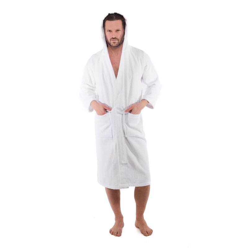 Classic Turkish Cotton Kimono Terry Cloth Bathrobe - White Hooded Robes with 2 pockets