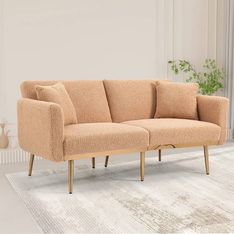 Futon Loveseat Sofa with Rose Golden Feet, 2 Teddy Throw Pillows