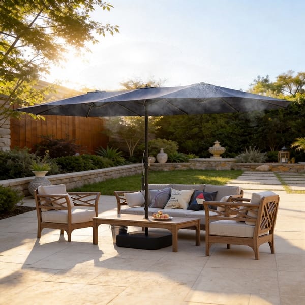 15x9 patio umbrella with base Easton Twin 15 x 9 ft. retangular shape Market / Outdoor dining table sided silhouette 15 x 9 FT Double