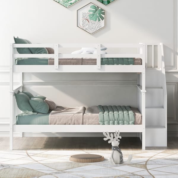 slide 2 of 14, Bunk Bed with Storage Stairway and Guardrails, White White
