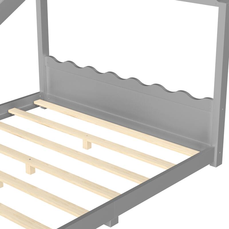 Queen House Floor Bed with Support Slats, Solid Wood House Bed Frame for Kids, No Box Spring Needed