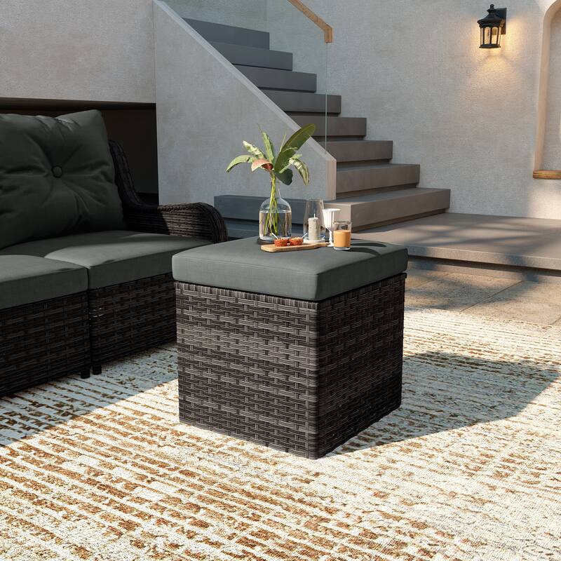 Outdoor Wicker Square Storage Ottoman with Plush Cushion