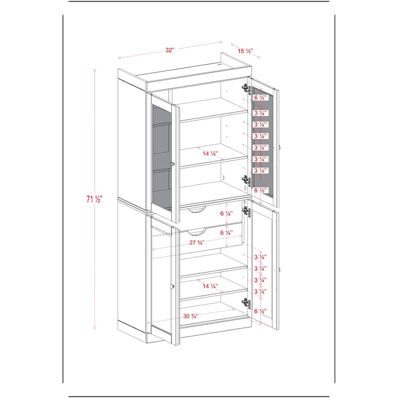 Palace Imports 100% Solid Wood 32" Pantry Cabinet with Frosted Glass, Shaker Doors, 2-Drawers and Adjustable Shelves