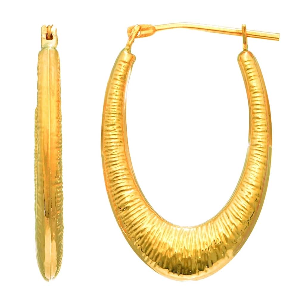 Curata 14k Yellow Gold 24mm Graduated Textured Oval Hoop Earrings