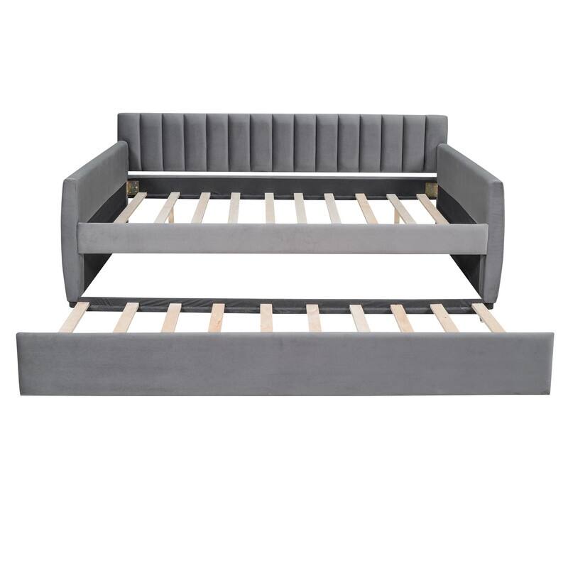 Full Size Upholstered daybed with Trundle and Wood Slat Support
