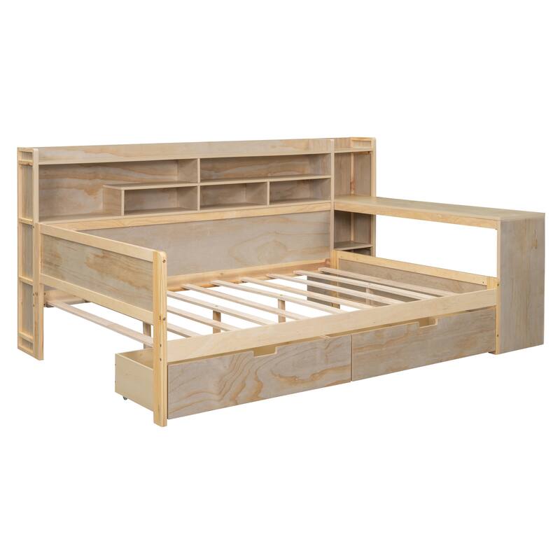 Full Size Wooden Daybed with Storage Shelves, 2 Drawers, and Study Desk - Multi-Functional Elegance