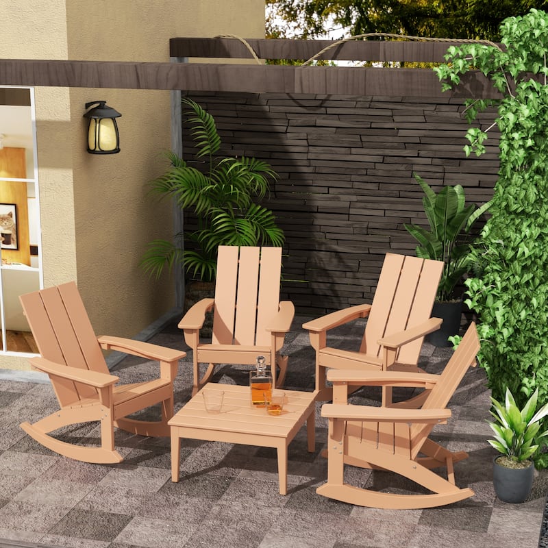 Shoreside 5-Piece Poly All Weather Rocking Chair Conversation Set - Teak