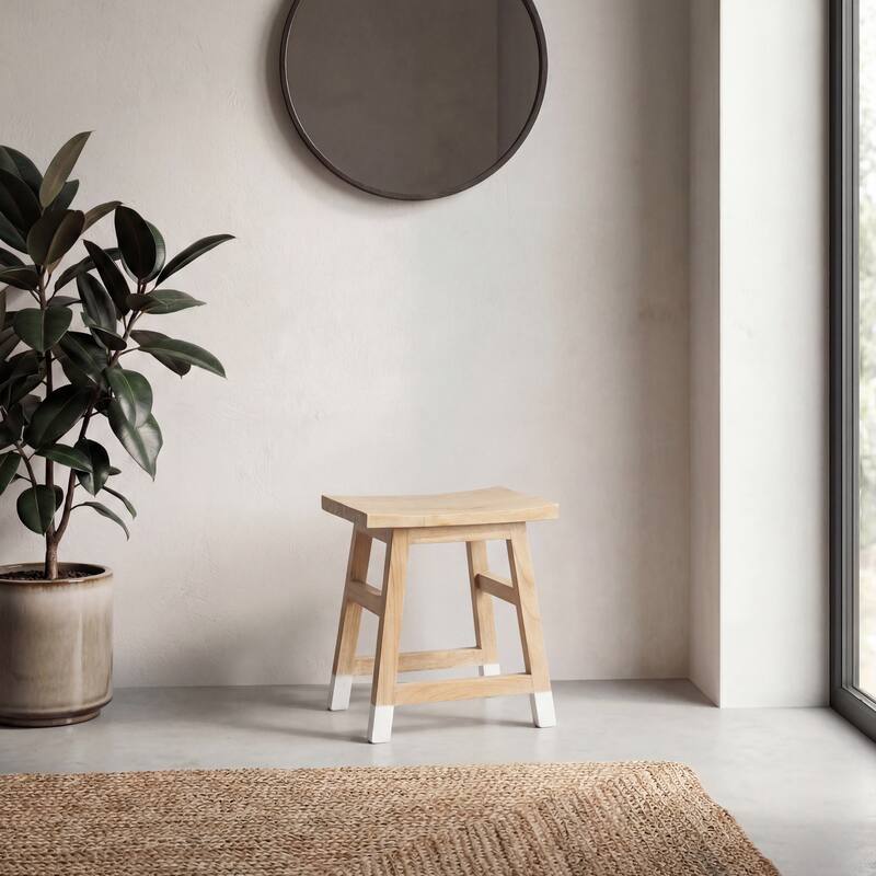 JONATHAN Y Finesse Classic Casual Handcrafted Solid Mindi Wood Accent Stool with Tipped Legs