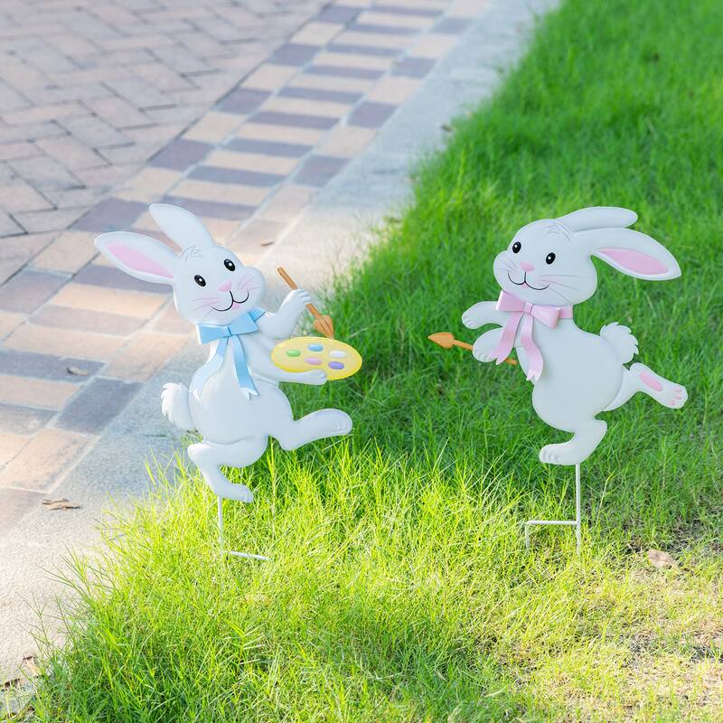 Glitzhome Easter Metal Bunny Yard Stake Wall Decors Standing Sign