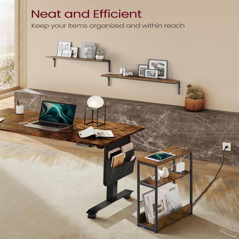 Space-Saving End Table with 3 Storage Shelves and Built-In Charging Station and Stable Steel Frame - 7.1"D x 17.7"W x 22.8"H