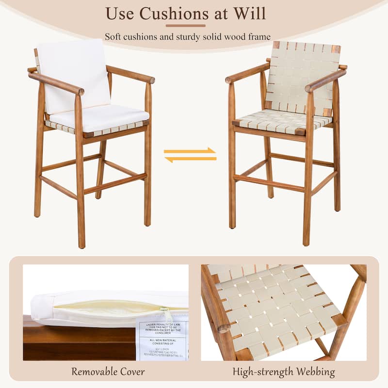 Roomfitters Set of 2 Outdoor Bar Stools with Beige Cushions, Natural Wood High Chairs for Patio Balcony Kitchen, Natural