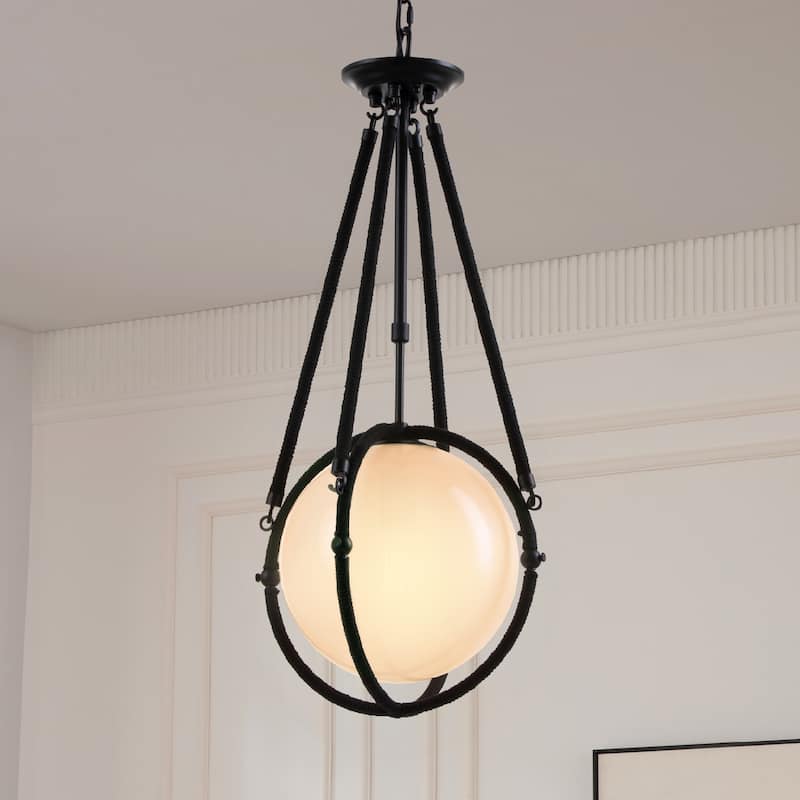 VidaLite Voyager 1-Light Matte Black Pendant, Hanging Pendant Light With Rope Detailing and Smoked Glass Shade - 29" x 12" - Matte Black - 29" x 12"
