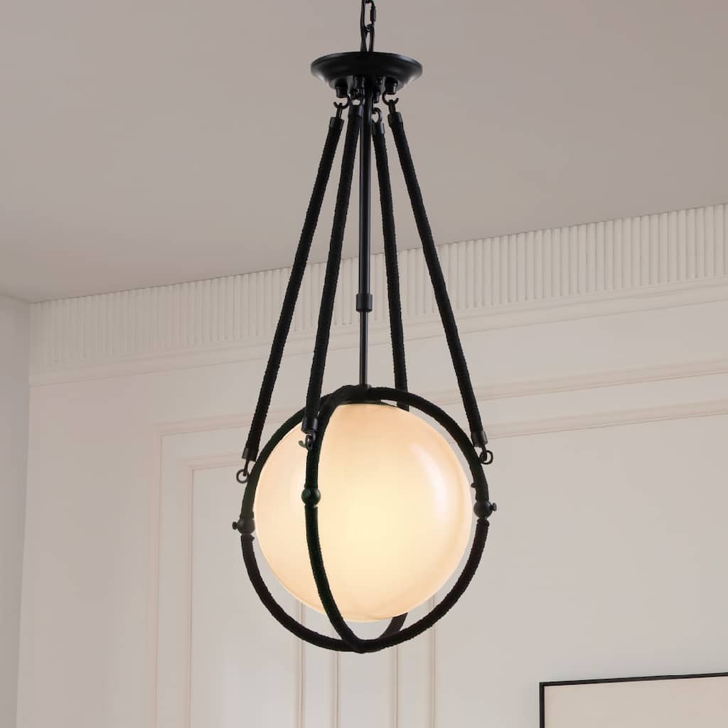 VidaLite Voyager 1-Light Matte Black Pendant, Hanging Pendant Light With Rope Detailing and Smoked Glass Shade - 29" x 12"