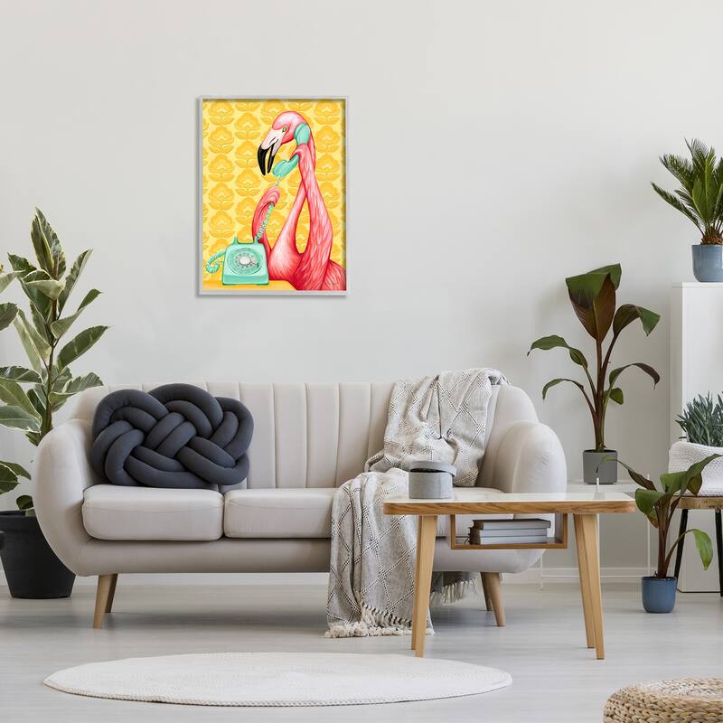 Stupell Flamingo Calling Dial Telephone Groovy Flowers Wallpaper Framed Wall Art, Design by Amelie Legault - Yellow