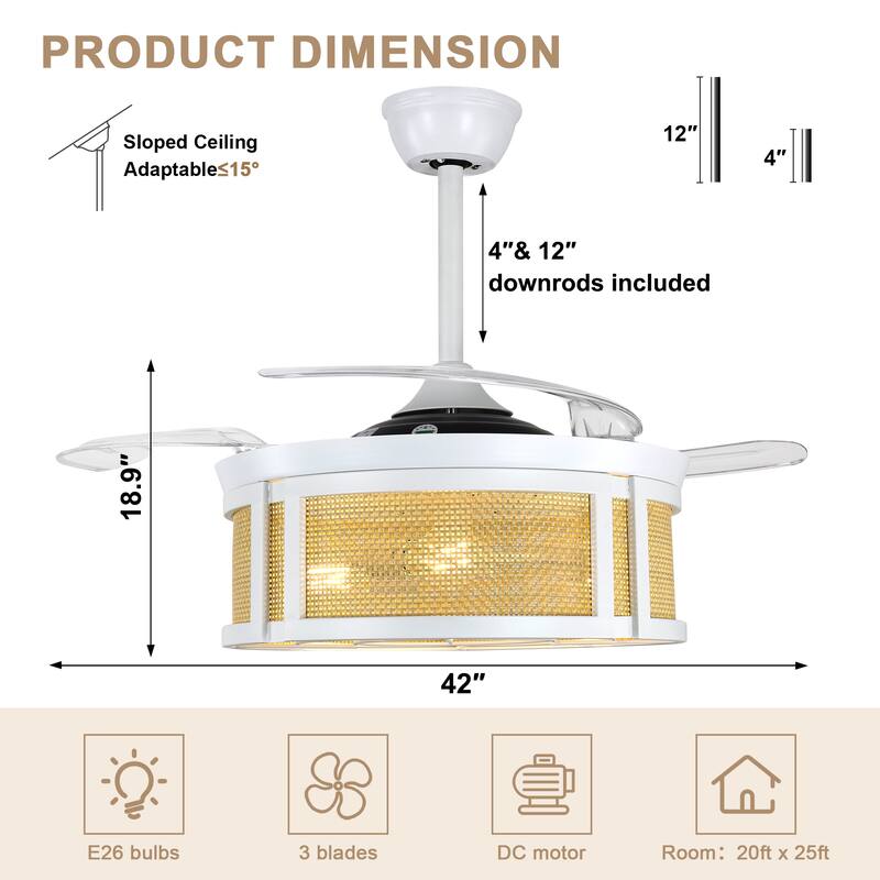 Bella Depot 42" Modern White Retractable Ceiling Fan with Light and Remote DC Motor