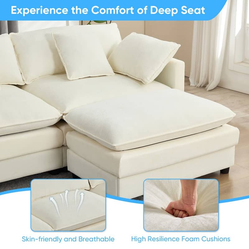 Mixoy 77''L-Shaped Modular Deep Seat Sofa, Modern Chenille Loveseat Cloud Sofa with Ottoman and Thickened Cushions