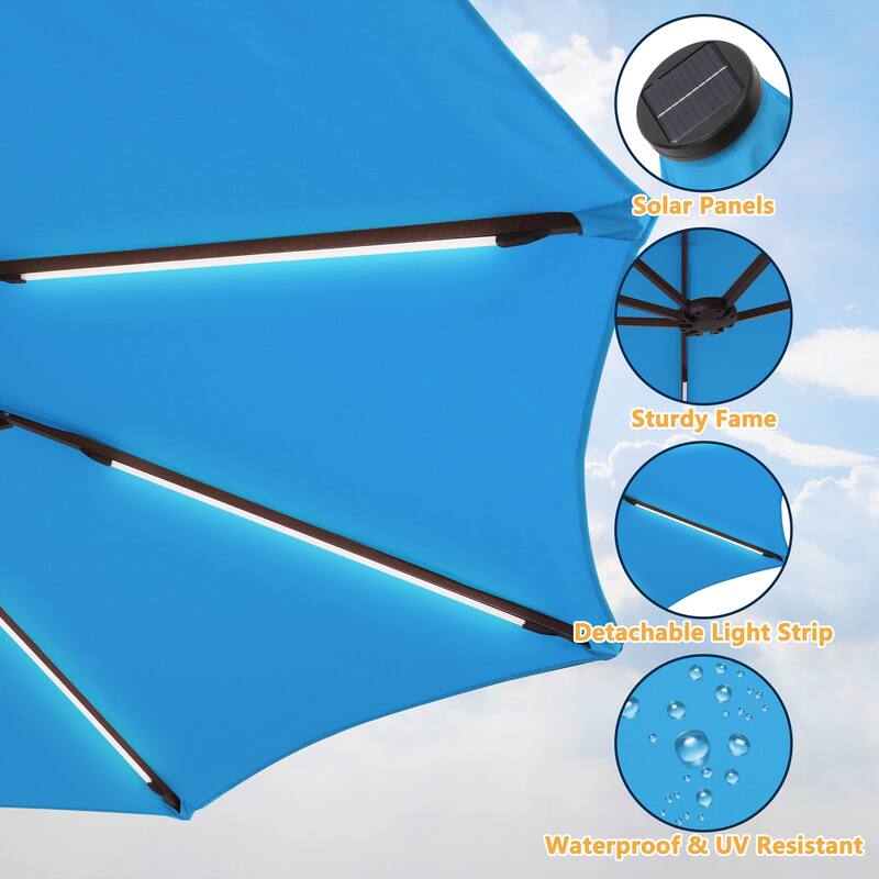15 Ft Outdoor Solar Detachable Lights Rectangular Crank Market Umbrella with Base