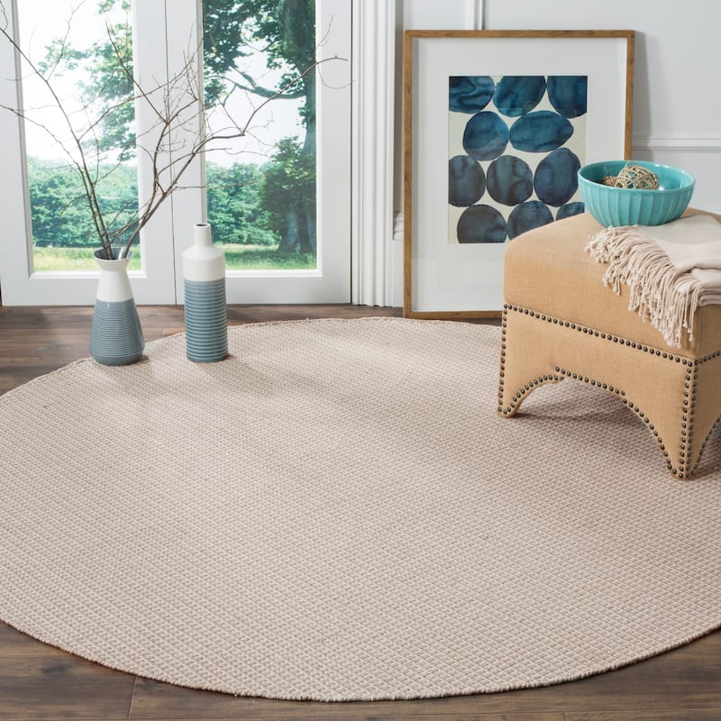 SAFAVIEH, Handmade Montauk Cliff Stripe Flatweave Cotton Fringe Rug - 8' Round - Ivory/Grey