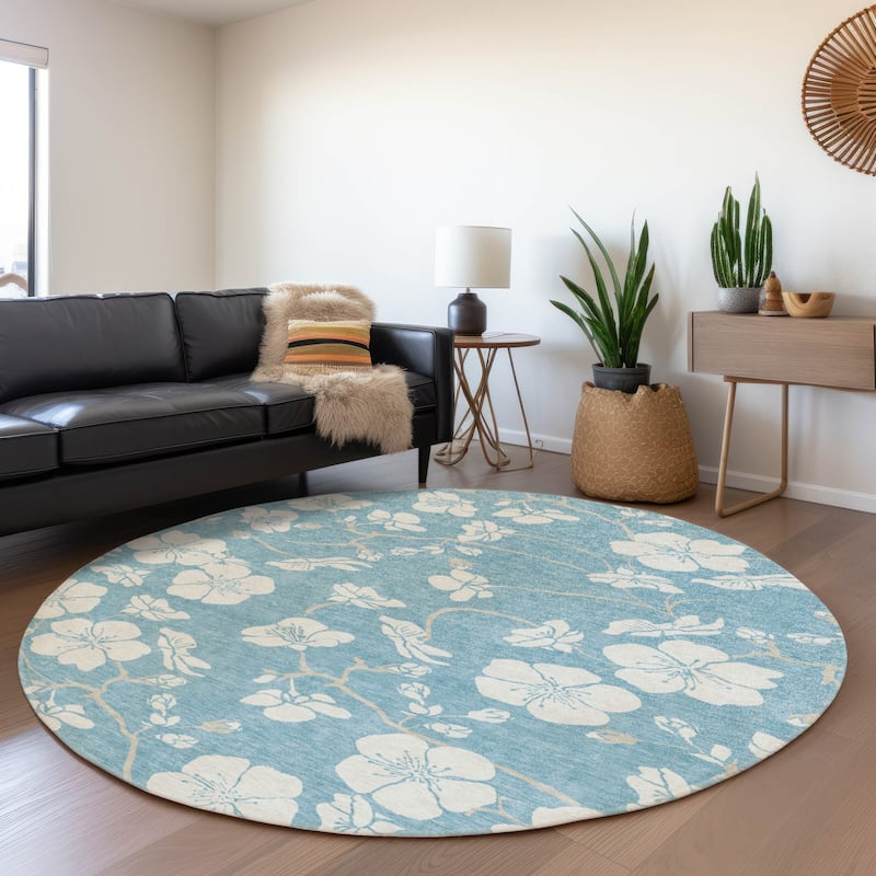 Machine Washable Indoor/ Outdoor Calm Floral Chantille Rug - Sky - 8' x 8'
