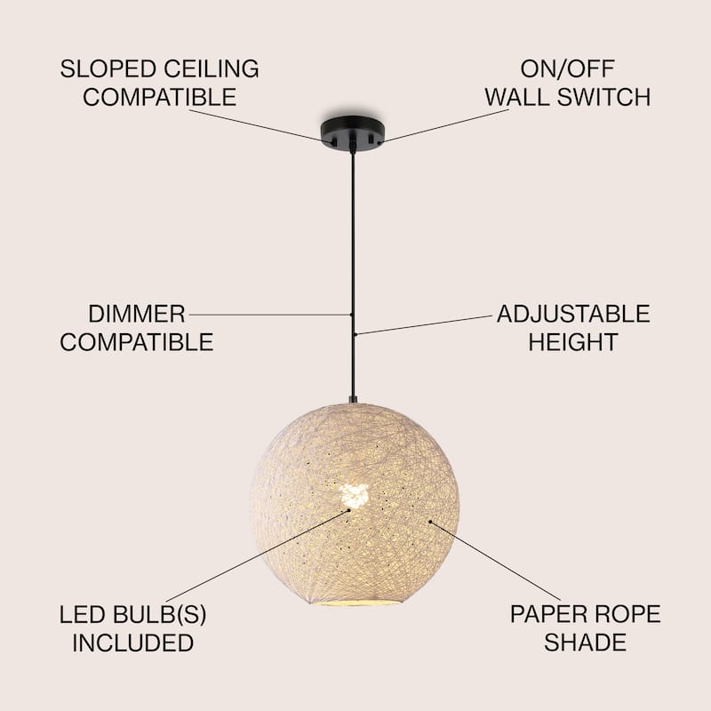 Louisa 1-Light Bohemian Minimalist Iron/Rope Woven Globe LED Pendant, White/Black by JONATHAN Y
