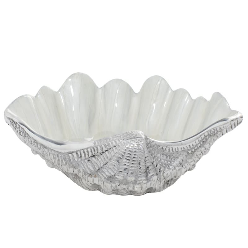 White Aluminum Metal Shell Shell Serving Bowl with Enamel Interior - 12 x 9 x 3