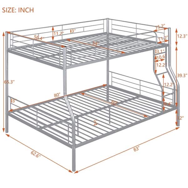 dimension image slide 2 of 3, Full XL Over Queen Metal Bunk Bed with Chrome Finish, Safety Guardrails, Space-Saving Design, Easy Assembly