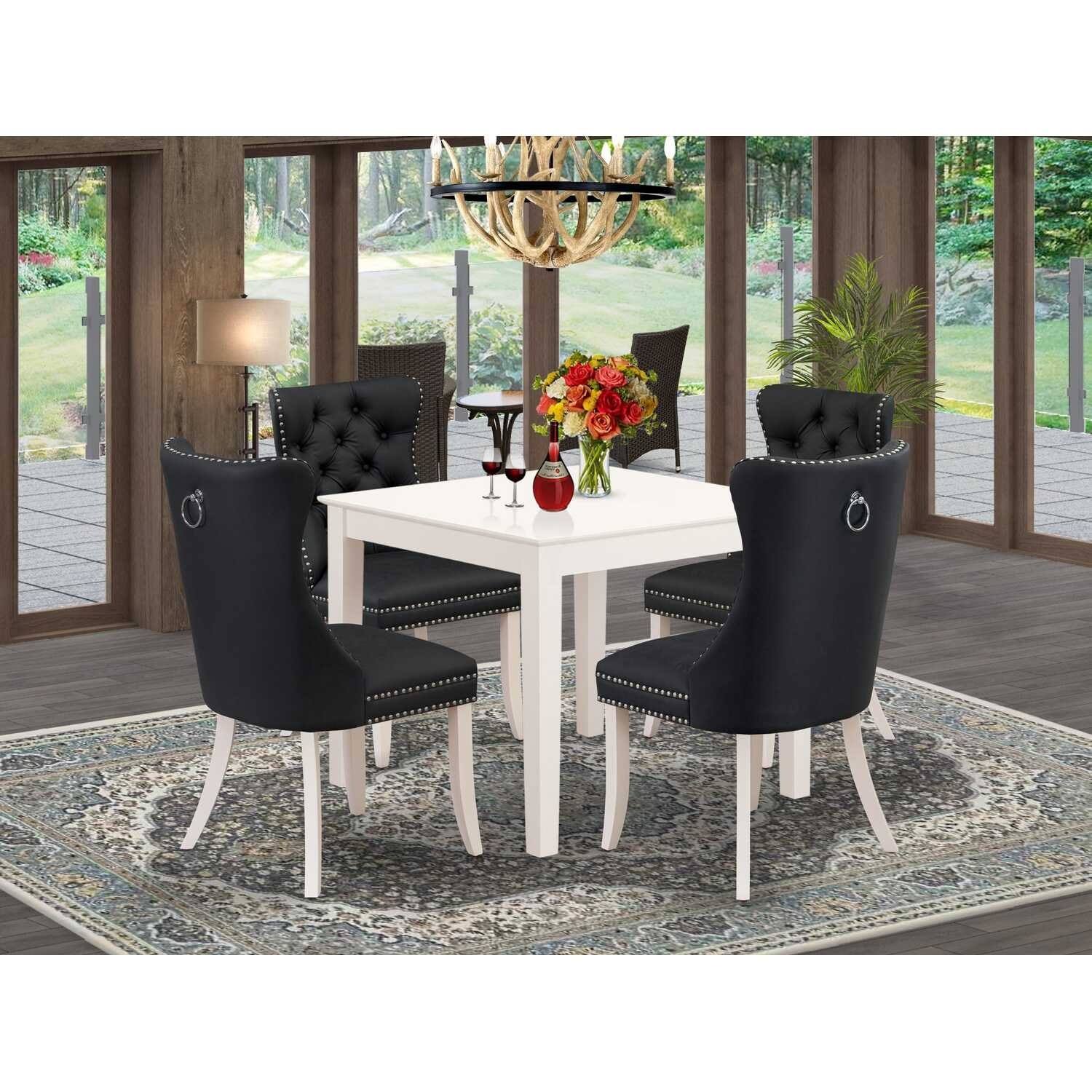 5-Piece Linen White Finish Solid Wood Top - Square Upholstered Dining Room Set - Seats 4
