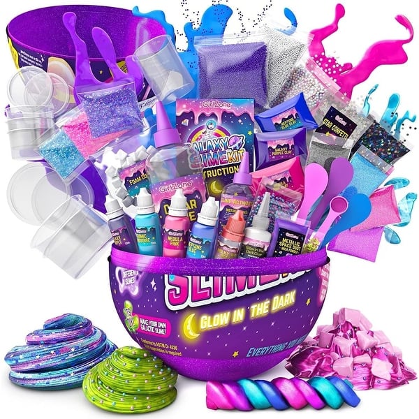 slide 2 of 8, GirlZone Egg Surprise Galaxy Slime Kit for Girls, 39 Pieces to Make Glow in The Dark Slimes, Glitter DIY Slimes